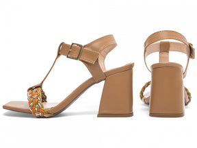 Sandália Feminina Salto Grosso Napa com Trança Multicolorida