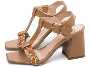 Sandália Feminina Salto Grosso Napa com Trança Multicolorida