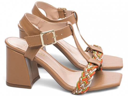 Sandália Feminina Salto Grosso Napa com Trança Multicolorida