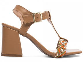 Sandália Feminina Salto Grosso Napa com Trança Multicolorida