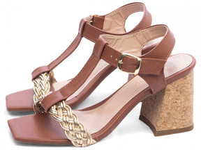 Sandália Feminina Salto Grosso Napa com Trança Multicolorida