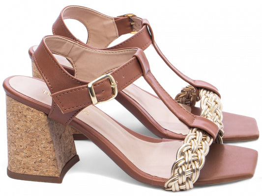 Sandália Feminina Salto Grosso Napa com Trança Multicolorida