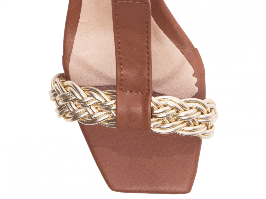 Sandália Feminina Salto Grosso Napa com Trança Multicolorida