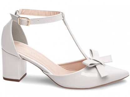 Sandália Feminina Salto Grosso Verniz Off White com Laço