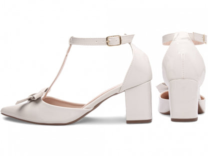 Sandália Feminina Salto Grosso Verniz Off White com Laço