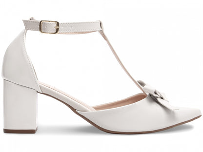 Sandália Feminina Salto Grosso Verniz Off White com Laço