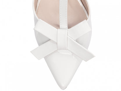 Sandália Feminina Salto Grosso Verniz Off White com Laço